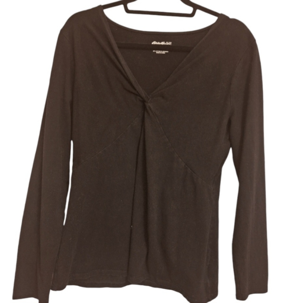 ❤️Eddie Bauer Women's SZ XL Black Cotton Top Long Sleeved Twist Style V-Neck